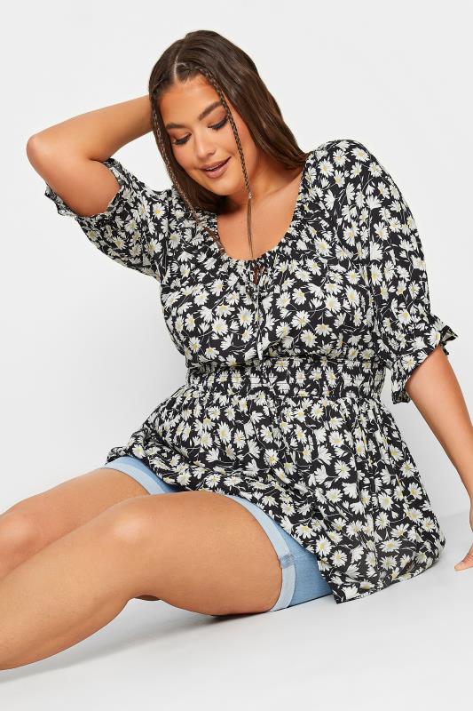 YOURS Plus Size Black Floral Shirred Gypsy Top | Yours Clothing 4