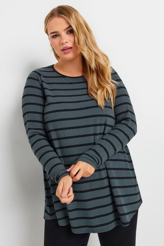  Tallas Grandes YOURS Curve Charcoal Grey Stripe Long Sleeve Swing Top