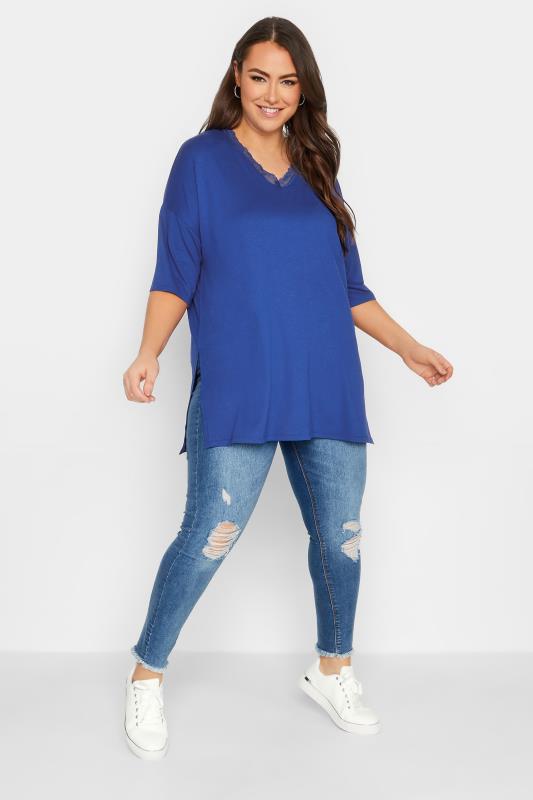 YOURS Plus Size Cobalt Blue Lace Neck T-Shirt | Yours Clothing 2