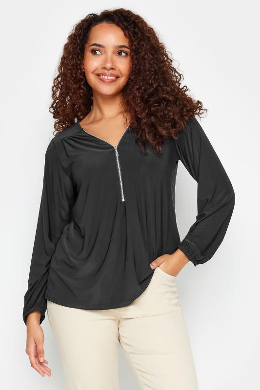 Women's  M&Co Black Zip Front Bellow Sleeve Top