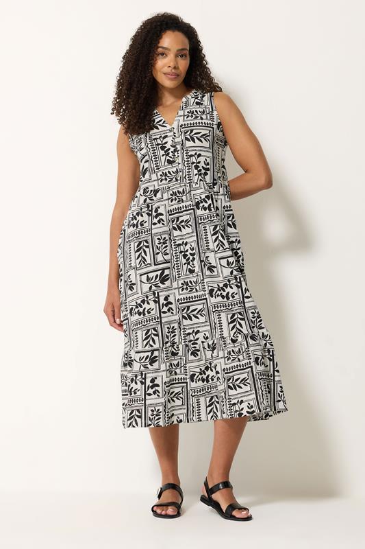 M&Co Black Leaf Print Cotton Sleeveless Midi Dress | M&Co 1