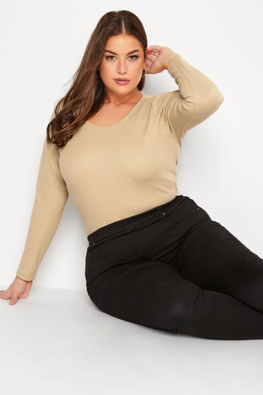 Plus Size Beige Brown Long Sleeve Ribbed Bodysuit | Yours Clothing  4