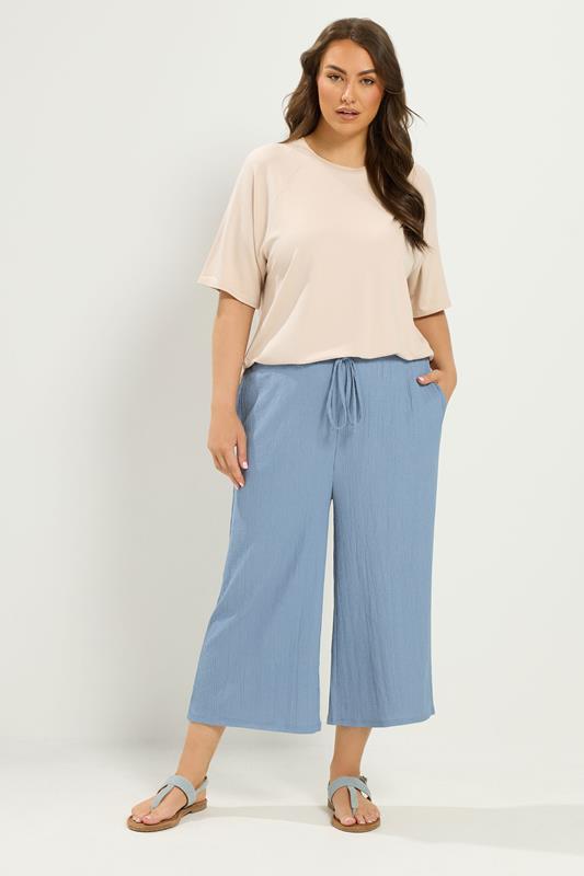 YOURS Plus Size Light Blue Crinkle Culottes | Yours Clothing 1