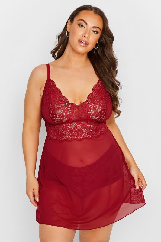  YOURS Curve Burgundy Red Boudoir Mesh Lace Babydoll