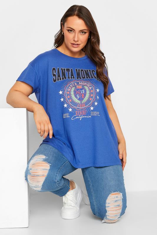 YOURS Curve Plus Size Dark Blue 'Santa Monica' Slogan T-Shirt | Yours Clothing  1