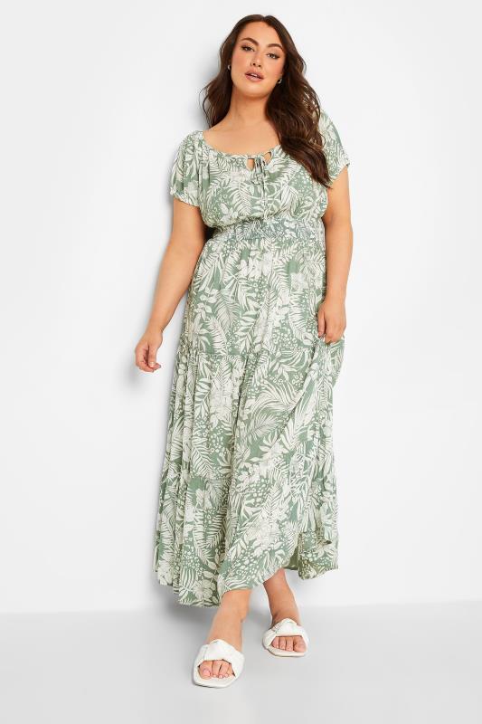 YOURS Plus Size Green Floral Print Bardot Maxi Dress |  2