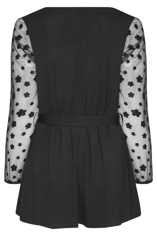 Plus Size Black Flocked Floral Mesh Sleeve Tie Waist Top | Yours Clothing 7