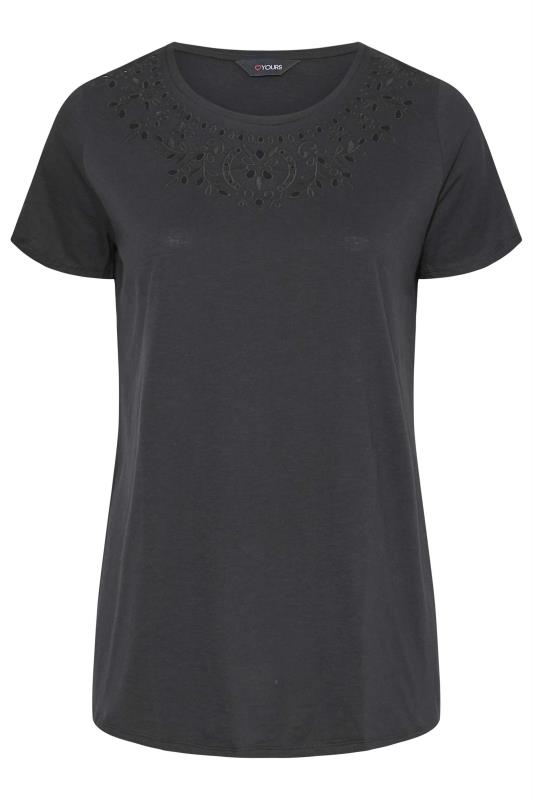 Plus Size Black Broderie Anglaise Neckline T-Shirt | Yours Clothing 6