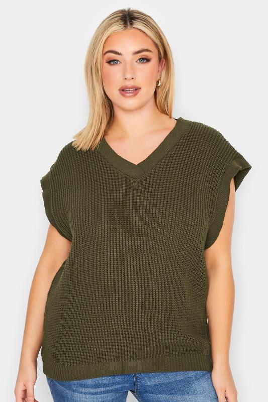 YOURS PETITE Curve Plus Size Khaki Green Chunky V-Neck Knitted Vest Top | Yours Clothing  1