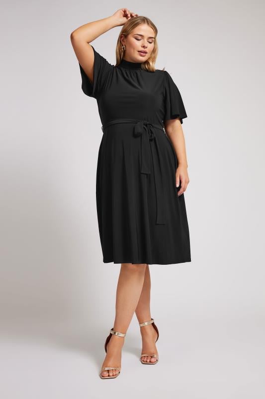 YOURS LONDON Plus Size Black High Neck Belted Skater Dress Yours Clothing