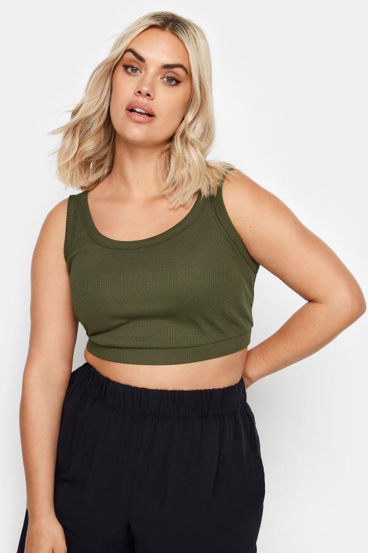 YOURS Plus Size Khaki Green Crop Top | Yours Clothing 1
