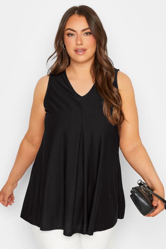 YOURS Plus Size Black Pointelle Vest Top | Yours Clothing 1