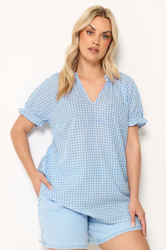  YOURS Blouse à manches bouffantes en vichy bleu ciel
