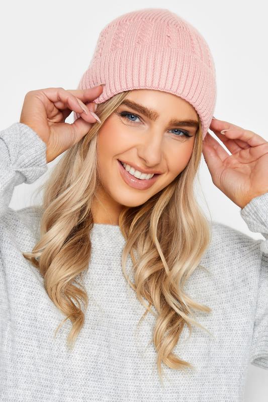Blush Pink Cable Knit Beanie Hat | Yours Clothing 1