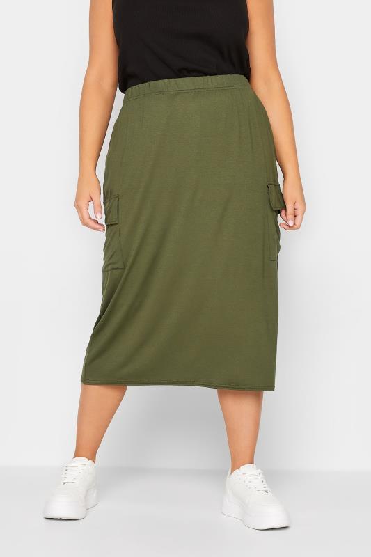 Yours Curve Plus Size Khaki Green Midi Cargo Skirt | Yours Clothing  1