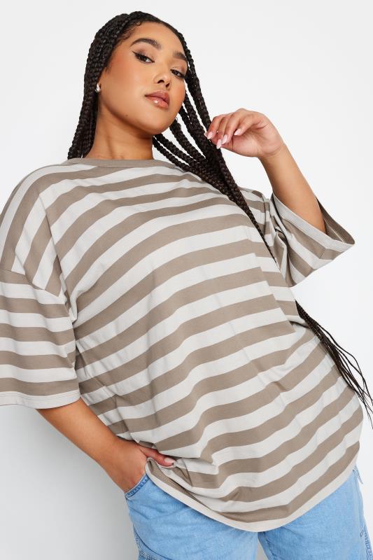YOURS Plus Size Mocha Brown Stripe Boxy T-Shirt | Yours Clothing 4
