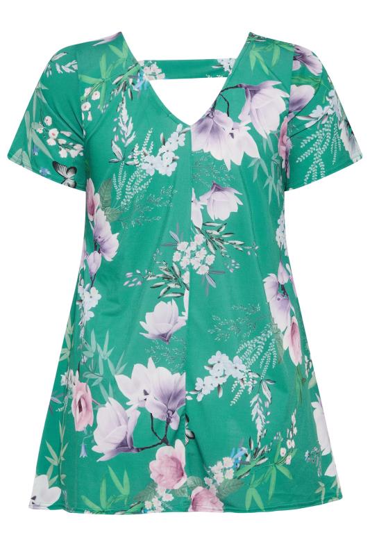 YOURS LONDON Plus Size Green Floral Print Hanky Hem Top | Yours Clothing 7