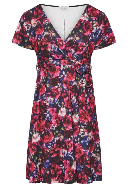 YOURS LONDON Plus Size Black & Pink Floral Wrap Skater Dress | Yours Clothing 7
