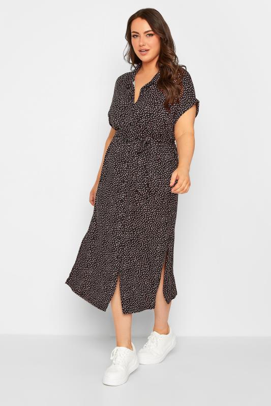 Plus Size Black Leaf Print Spilt Hem Midaxi Shirt Dress | Yours Clothing 2
