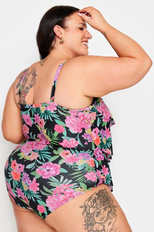 YOURS Plus Size Black Floral Print Frill Tummy Control Swimsuit | Yours Clothing 4