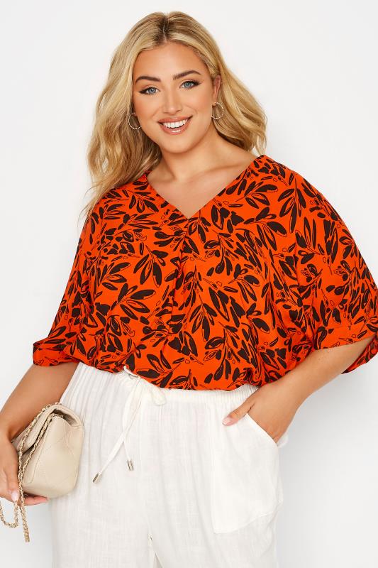 Plus Size Orange Leaf Print Pleat Front V-Neck Top | Yours Clothing 2