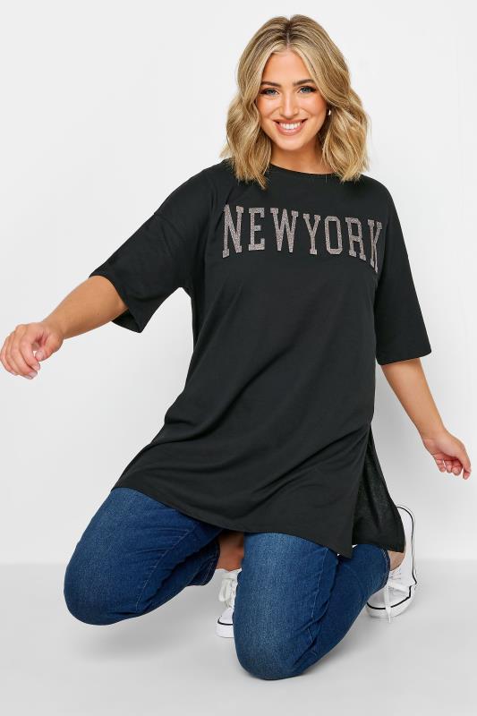 YOURS Curve Black 'New York' Glitter Embossed T-Shirt | Yours Clothing  1