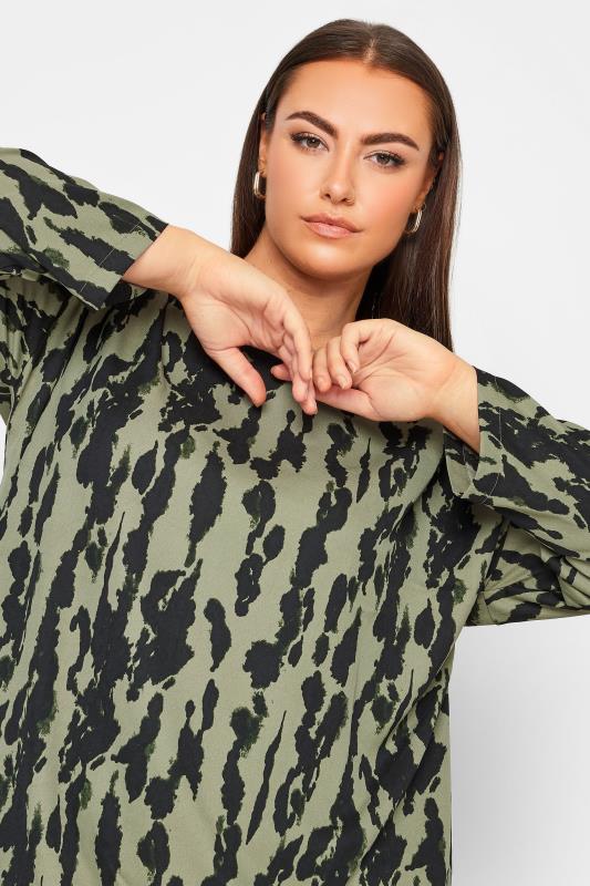 YOURS Curve Khaki Green Abstract Print Bubble Hem Top | Yours Clothing 4