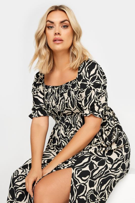YOURS Plus Size Black Abstract Floral Print Shirred Midi Dress | Yours Clothing 5