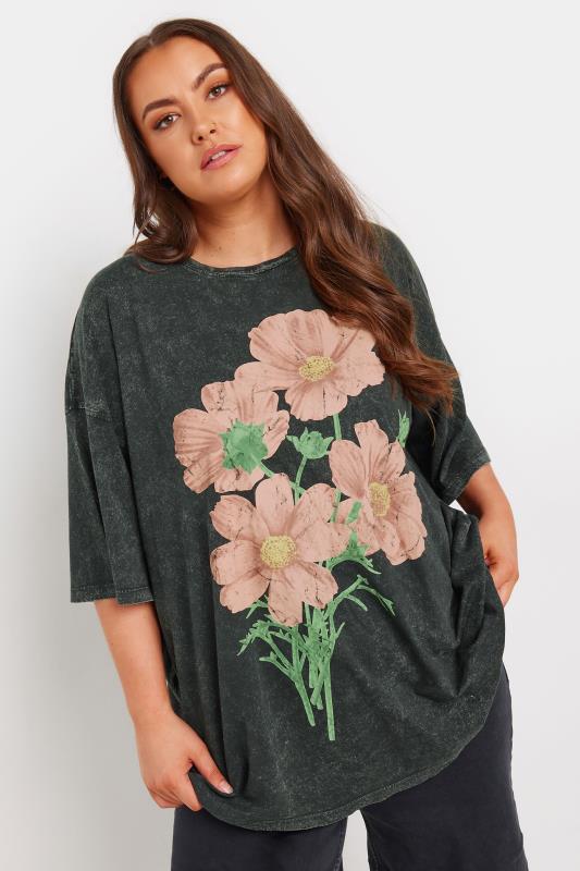 YOURS Plus Size Grey Floral Print Acid Wash Boxy T-Shirt | Yours Clothing 2