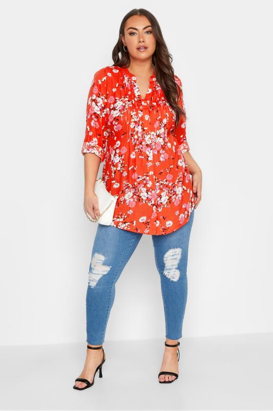 YOURS Plus Size Red Floral Pintuck Shirt | Yours Clothing 2