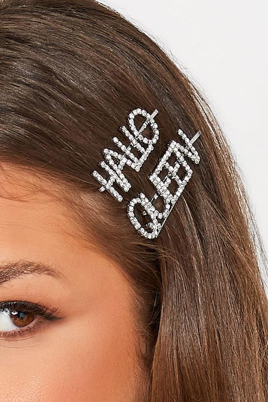 Plus Size  Yours 2 PACK Silver Diamante 'Hallo-Queen' Slogan Hairslides