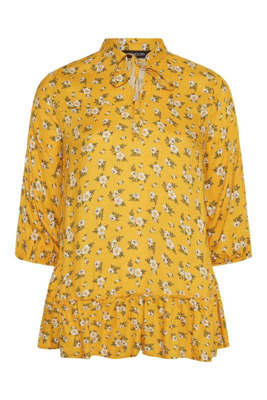 Curve Mustard Yellow Floral Print Tie Neck Blouse_F.jpg