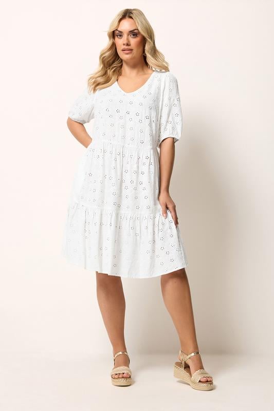 YOURS Plus Size White Broderie Anglaise Tiered Dress | Yours Clothing 1
