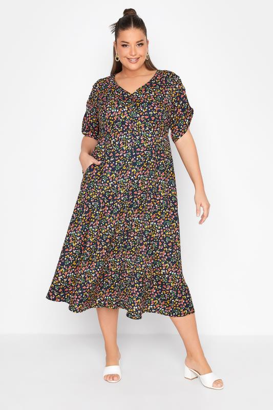  Grande Taille LIMITED COLLECTION Curve Navy Blue Floral Tea Dress