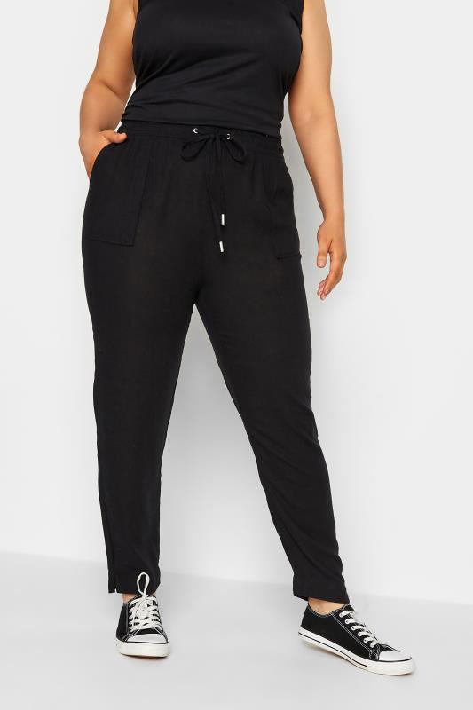 YOURS Curve Plus Size Black Linen Look Joggers | Yours Clothing  1