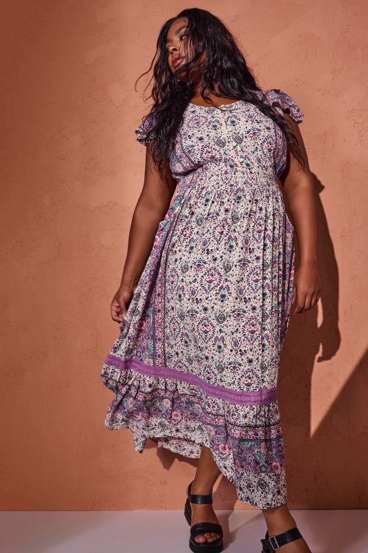 YOURS Plus Size Purple Floral Print Crinkle Maxi Dress | Yours Clothing 1
