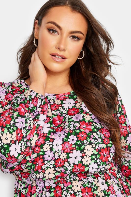 Curve Plus Size Pink & Purple Floral Balloon Sleeve Shirred Waist Peplum Top | Yours Clothing  4