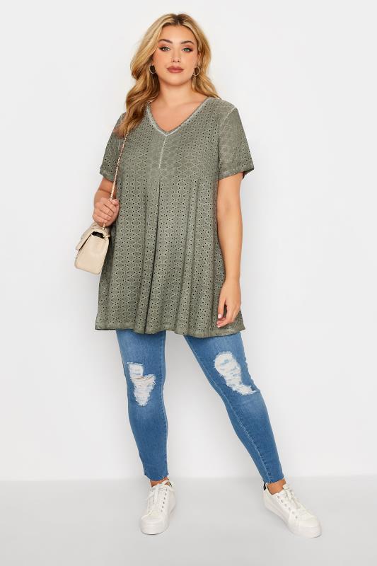 Plus Size Khaki Green Broderie Anglaise Swing Top | Yours Clothing 2