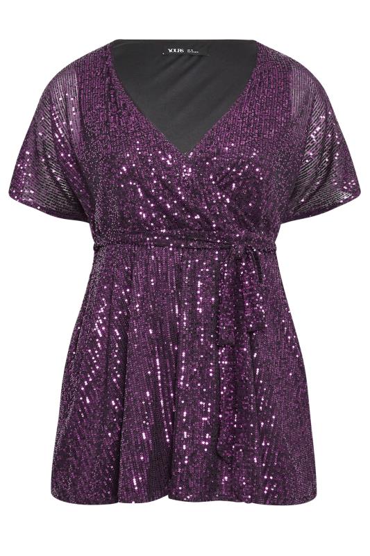 YOURS LONDON Plus Size Purple Sequin Short Sleeve Wrap Top | Yours Clothing 6