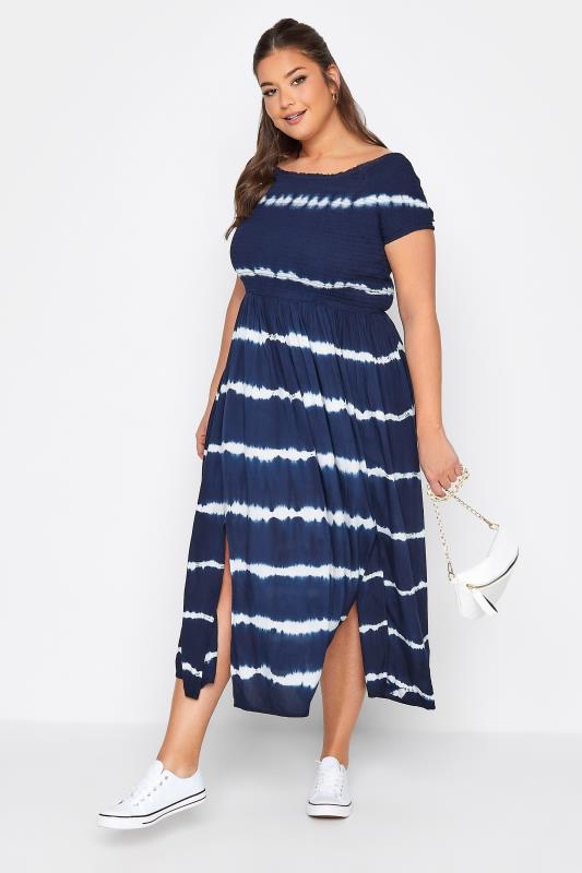 Plus Size  YOURS Curve Navy Blue Tie Dye Bardot Maxi Dress