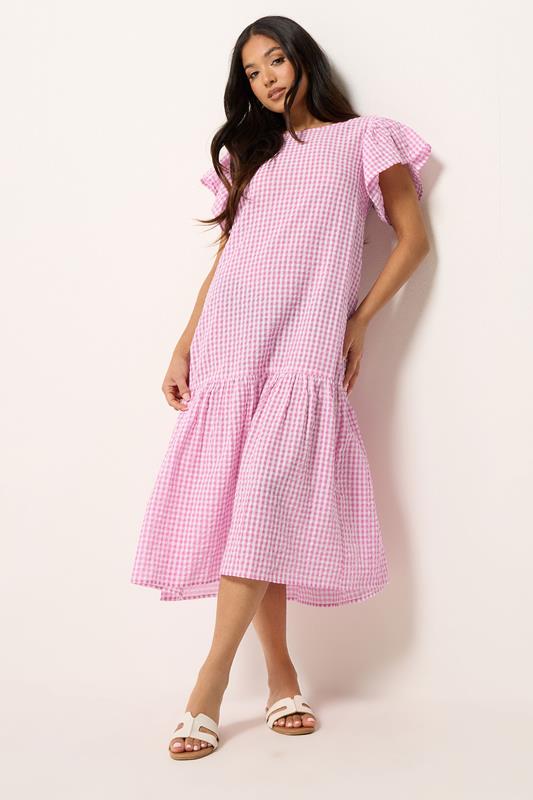 PixieGirl Petite Women's Pink Gingham Drop Waist Midi Dress | PixieGirl 1