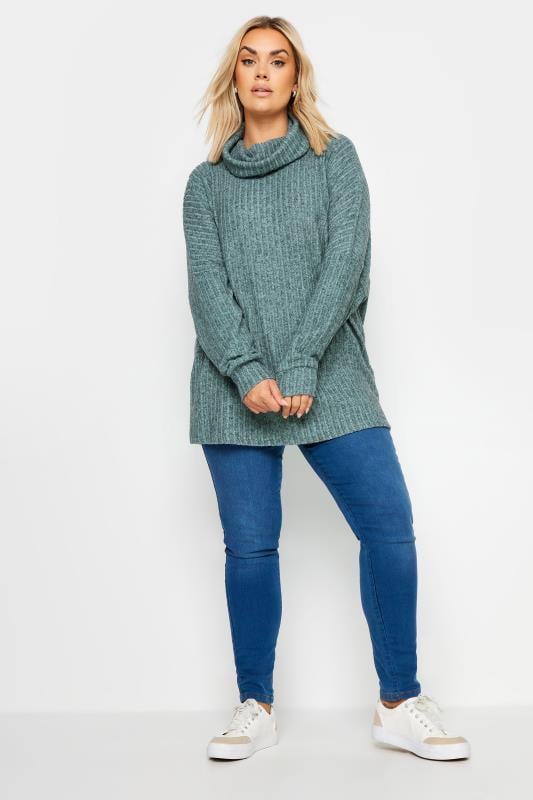 YOURS Plus Size Blue Soft Touch Ribbed Turtle Neck jumper | Yours Clothing 3