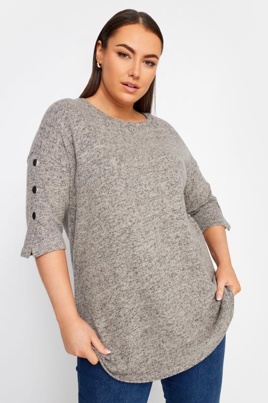 Plus Size  YOURS Curve Grey Button Sleeve Soft Touch Jumper