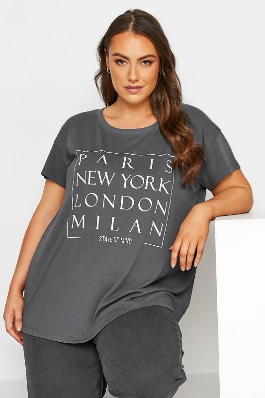 Curve Grey 'Paris New York London Milan' Slogan T-Shirt | Yours Clothing 1