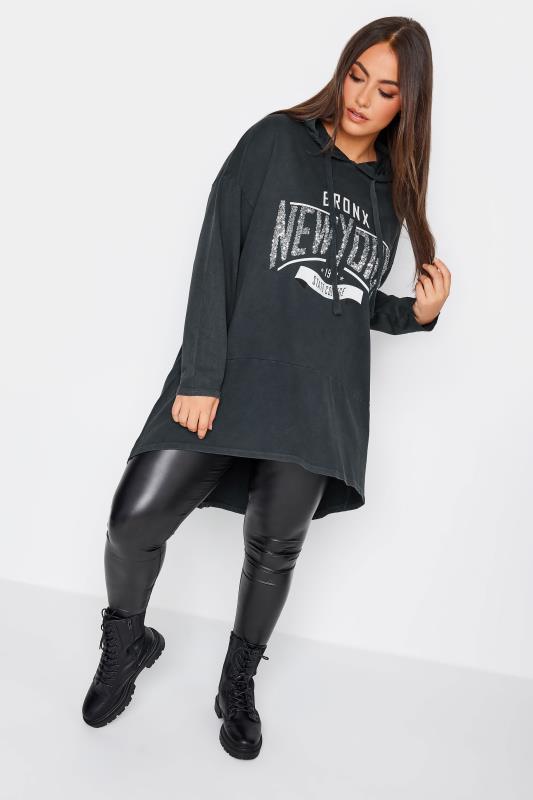 YOURS Plus Size Black 'New York' Slogan Acid Wash Hoodie | Yours Clothing 2