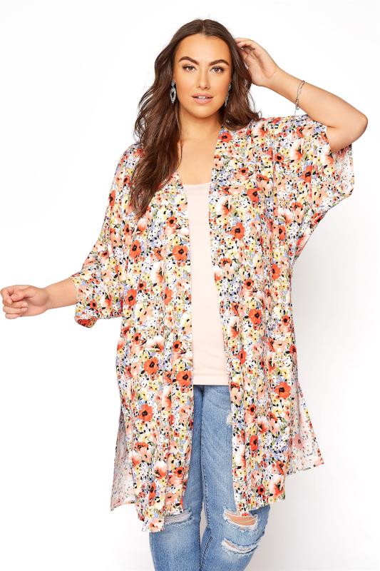 Plus Size  Multi Ditsy Floral Longline Kimono