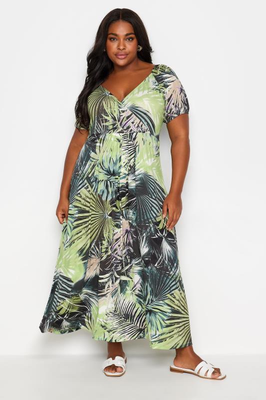 Plus Size  YOURS Curve Green Tropical Leaf Print Maxi Dress