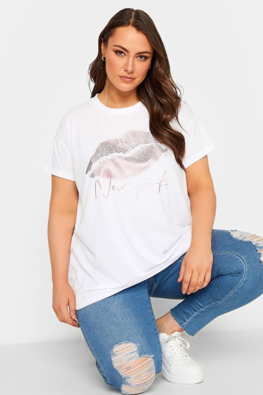 YOURS Curve Plus Size White Lips Foil Print T-Shirt | Yours Clothing 1