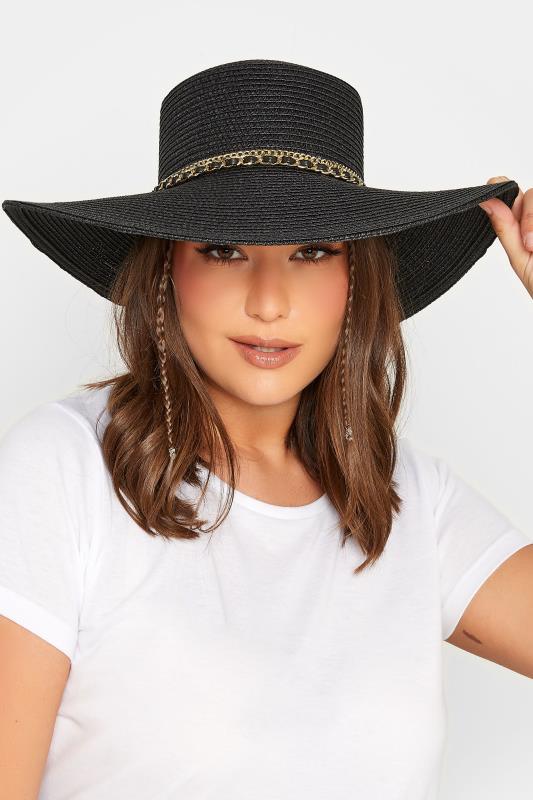 Plus Size  Yours Black Chain Straw Wide Brim Boater Hat