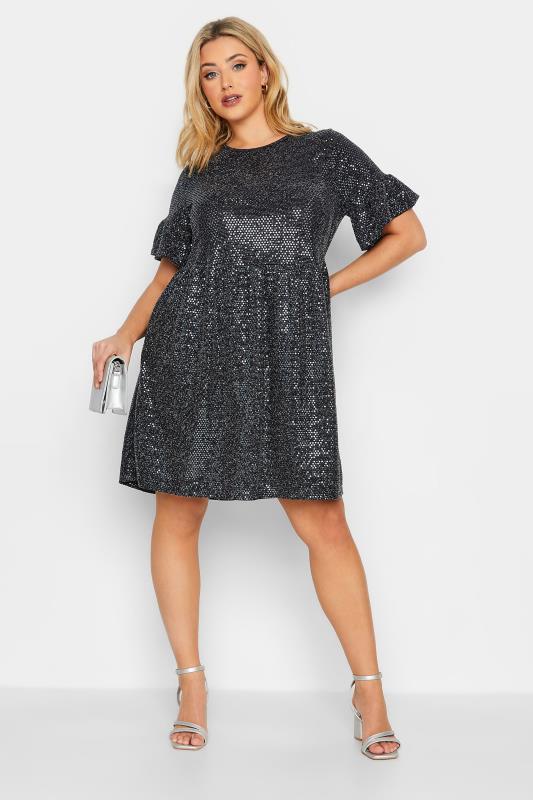Plus Size Black & Silver Sequin Smock Dress | Yours Clothing 2
